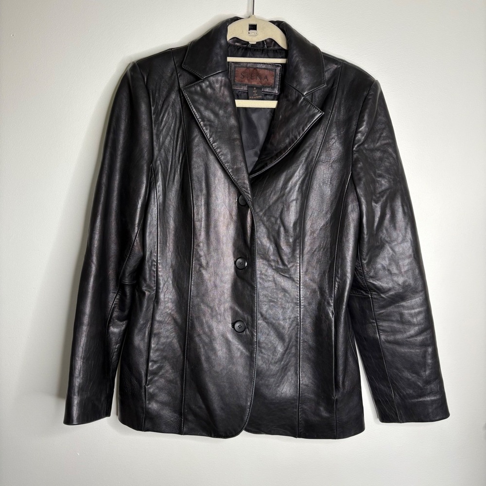 Siena Black Leather Blazer Jacket Button Front Butter Soft  Size‎ 8